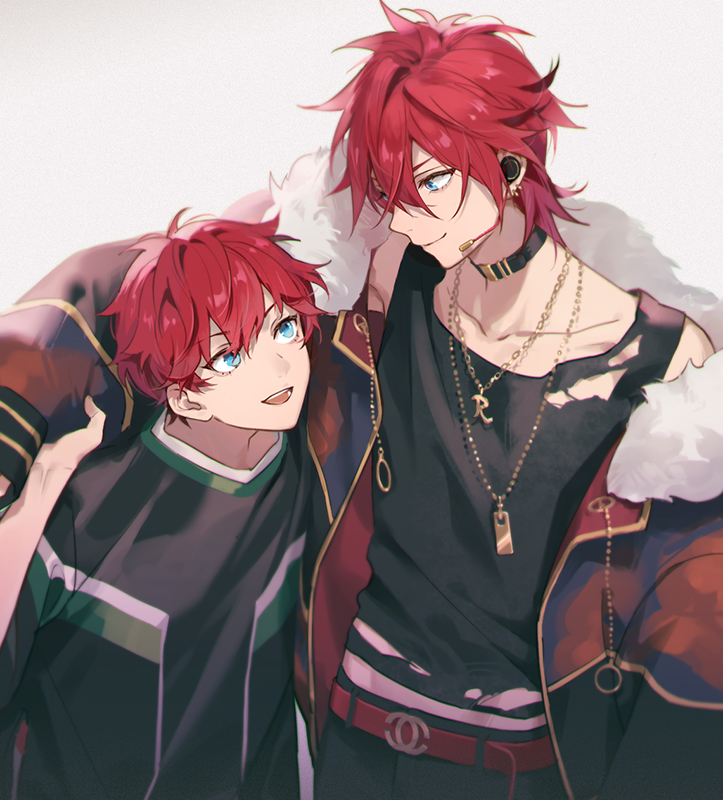 2boys amagi_hiiro amagi_rinne arm_around_shoulder bangs blue_eyes brothers coat collarbone earrings ensemble_stars! eyokiki fur_trim hair_between_eyes headphones jewelry long_sleeves looking_at_another male_focus multiple_boys necklace off_shoulder open_clothes open_coat open_mouth redhead short_hair siblings simple_background smile teeth torn_clothes white_background