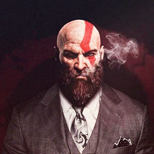 angry beard black_suit facial_hair formal furious god_of_war kratos non-web_source pale_skin smoking suit