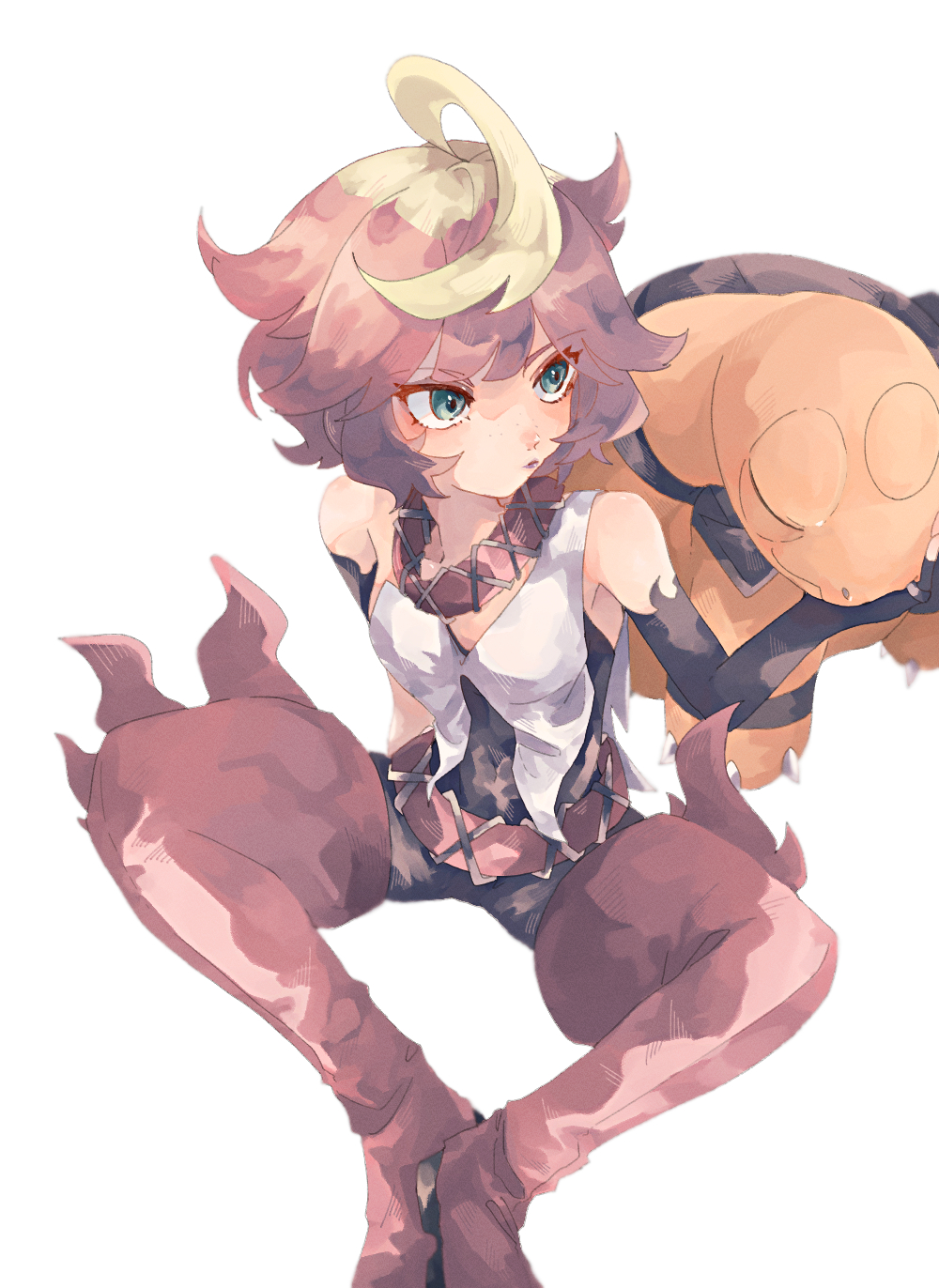 1girl ahoge bangs bare_shoulders belt blonde_hair bodysuit boots chicken_2828 closed_mouth collar commentary_request elbow_gloves gloves green_eyes highres mela_(pokemon) multicolored_hair pokemon pokemon_(creature) pokemon_(game) pokemon_sv red_footwear redhead sitting spread_legs thigh_boots torkoal two-tone_hair vest white_background