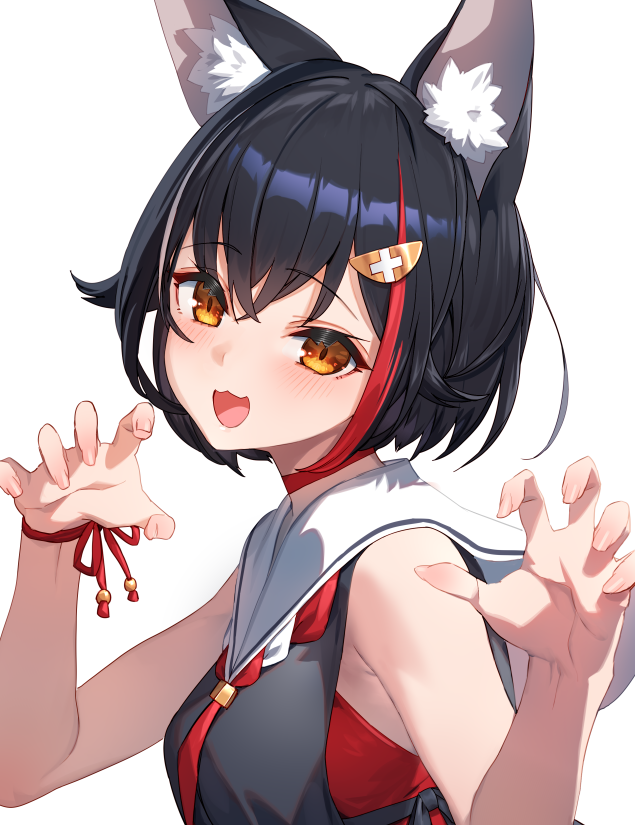 1girl :d alternate_hair_length alternate_hairstyle animal_ear_fluff animal_ears black_hair black_shirt blush breasts choker claw_pose commentary from_side hair_ornament hololive izumi_sai looking_at_viewer medium_breasts multicolored_hair ookami_mio open_mouth orange_eyes red_choker red_ribbon red_shirt redhead ribbon sailor_collar shirt short_hair simple_background sleeveless sleeveless_shirt smile solo streaked_hair undershirt upper_body virtual_youtuber white_background white_hair wolf_ears wolf_girl wrist_ribbon