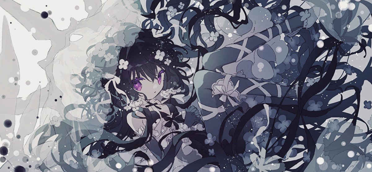 1girl alternate_color black_bra black_gloves black_hair black_pantyhose bow bowtie bra camisole cross cursola floating flower gloves hair_flower hair_ornament hibi89 latin_cross leg_ribbon legs_up long_hair looking_at_viewer low_twintails messy_hair own_hands_clasped own_hands_together pantyhose personification pokemon ribbon shiny_pokemon shoes solo twintails underwear veil very_long_hair violet_eyes white_bow white_bowtie white_camisole white_footwear white_ribbon