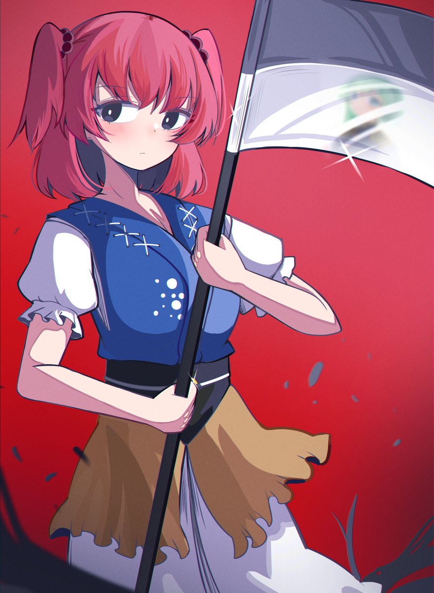 1girl bangs black_eyes blue_kimono bright_pupils closed_mouth english_commentary highres holding holding_scythe japanese_clothes kimono looking_at_viewer obi onozuka_komachi red_background redhead reflection sash scythe shiki_eiki short_hair short_sleeves solo spam_(spamham4506) touhou two_side_up white_pupils