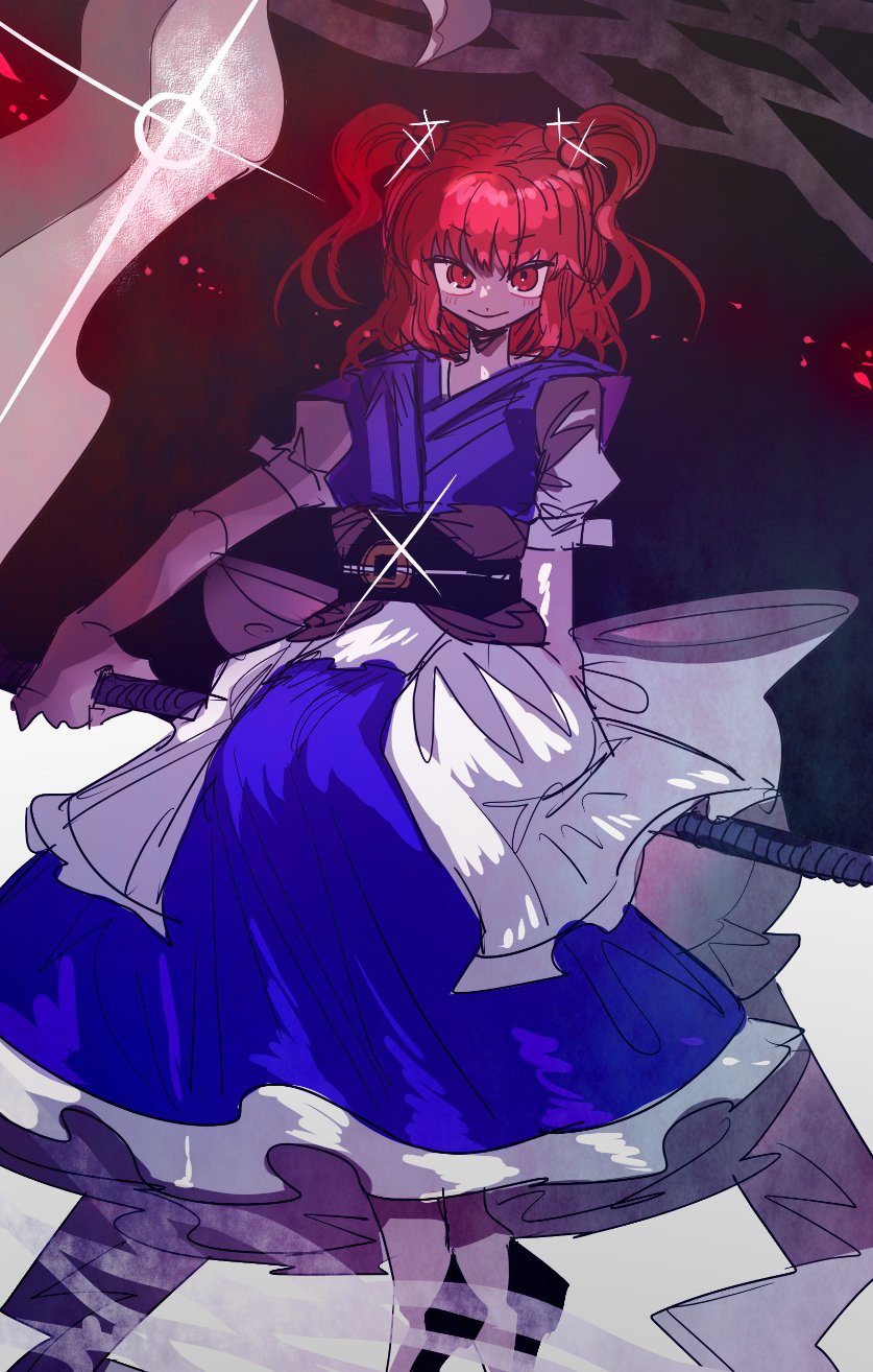 1girl asuku_(69-1-31) bangs black_background blue_dress closed_mouth coin dress hair_bobbles hair_ornament highres holding holding_scythe looking_at_viewer onozuka_komachi red_eyes redhead sash scythe short_hair short_sleeves smile solo standing touhou two_side_up