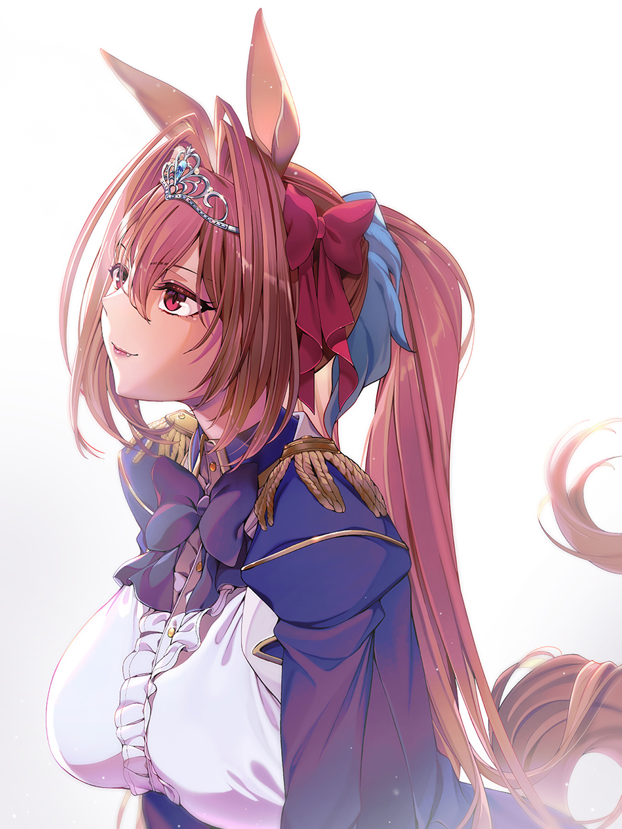 1girl animal_ears bangs blue_bow blue_bowtie blue_jacket bow bowtie breasts brown_hair buttons center_frills closed_mouth collared_jacket commentary daiwa_scarlet_(umamusume) epaulettes fang fang_out frills hair_intakes highres horse_ears horse_girl horse_tail jacket large_breasts lips long_sleeves nazo_kitsune red_eyes shirt smile solo symbol-only_commentary tail tiara twintails umamusume upper_body white_shirt
