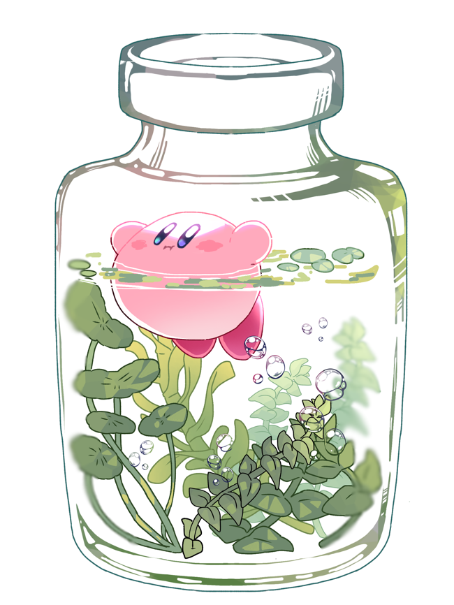 :i air_bubble arms_up blue_eyes blush blush_stickers bottle bubble closed_mouth full_body glass_bottle in_bottle in_container in_water kelp kirby kirby_(series) leaf lily_pad looking_up mutekyan no_humans pink_footwear plant shoes simple_background swimming water white_background