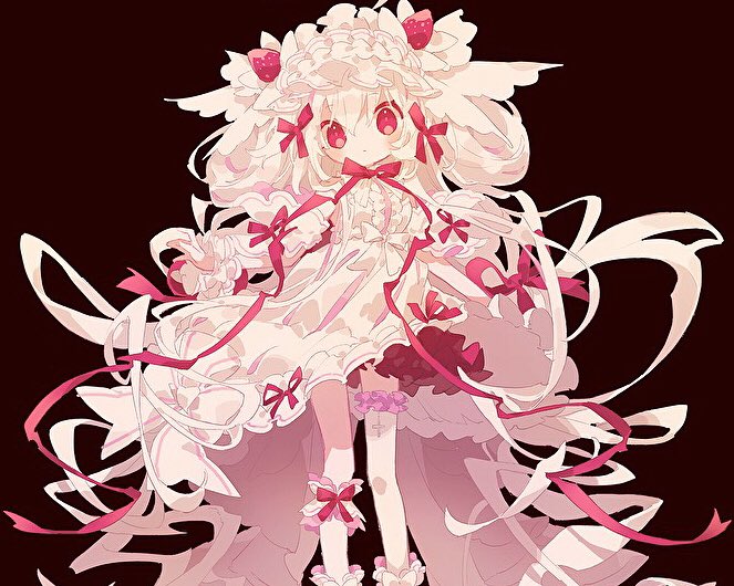1girl ahoge alcremie alcremie_(strawberry_sweet) alcremie_(vanilla_cream) black_background blush bow bridal_garter closed_mouth commentary dress food frilled_dress frills fruit hair_rings head_wings hibi89 looking_at_viewer personification pink_hair pokemon red_bow red_eyes simple_background solo strawberry symbol-only_commentary white_dress
