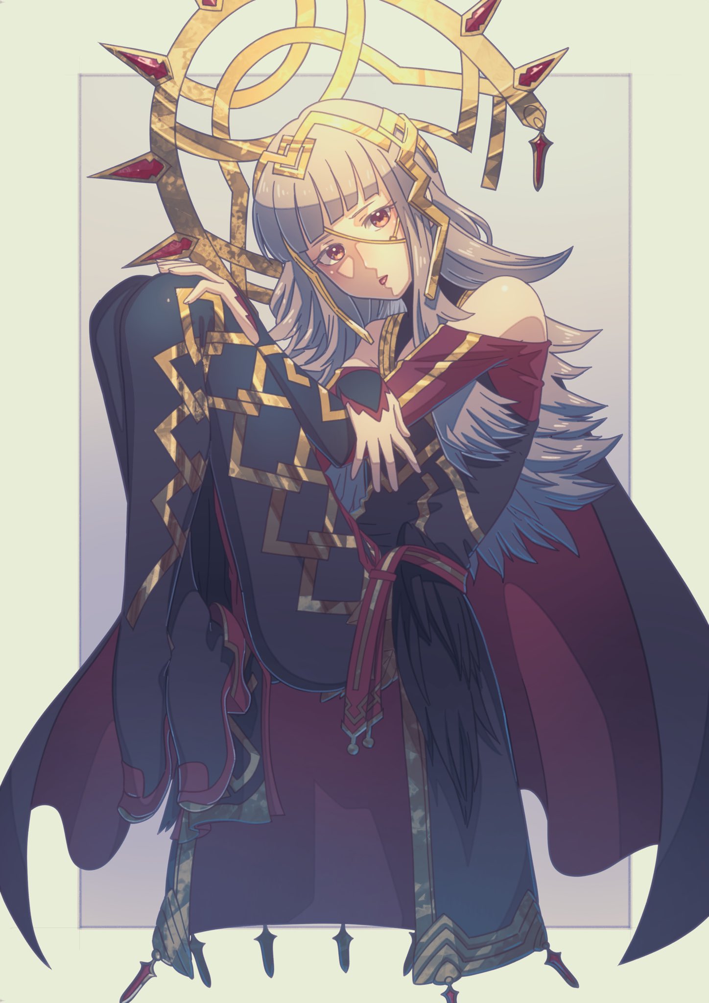 1girl aduti_momoyama bangs bare_shoulders black_cape black_dress black_pantyhose black_wings blunt_bangs cape dress eyelashes feathered_wings fetal_position fire_emblem fire_emblem_heroes grey_hair hand_on_own_knee highres long_hair long_sleeves looking_at_viewer low_wings off-shoulder_dress off_shoulder orange_eyes pantyhose red_cape solo tongue tongue_out turtleneck_dress two-tone_cape veronica_(fire_emblem) wings