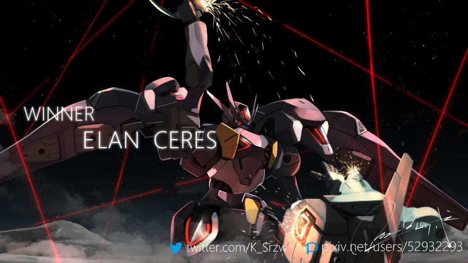 arm_up character_name commentary_request damaged english_text gundam gundam_pharact gundam_suisei_no_majo holding laser mecha mobile_suit no_humans pixiv_id pixiv_logo red_eyes robot serike_w signature smoke space spark star_(sky) twitter_logo twitter_username upper_body v-fin victory