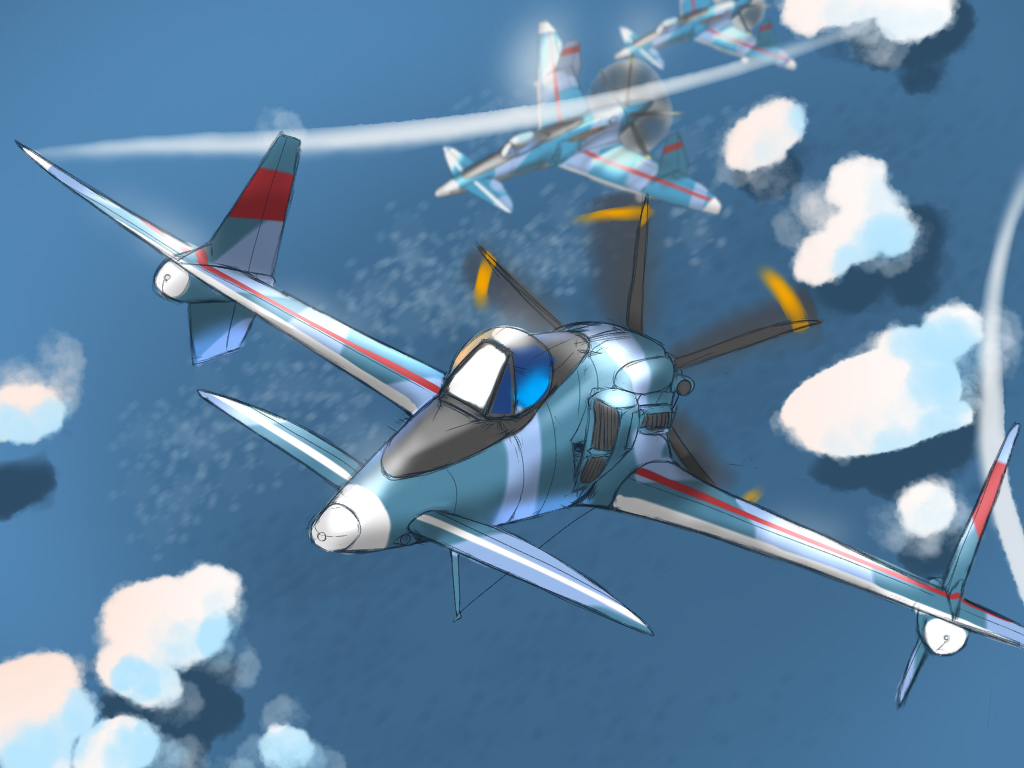 above_clouds aircraft airplane blurry blurry_background canards canopy_(aircraft) clouds flying hakutou no_humans ocean propeller sanka_(sky_crawlers) the_sky_crawlers vehicle_focus