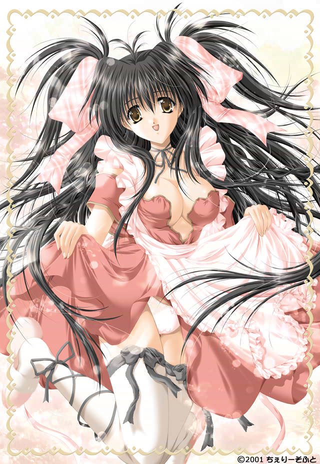 1girl 2001 alternate_costume apron bangs bare_shoulders black_hair bow breasts darling frilled_apron frills hair_ornament kitano_miyuki large_bow large_breasts lingerie off-shoulder_dress off_shoulder official_art open_mouth panties pink_bow plaid plaid_bow ribbon short_sleeves slippers smile solo standing strapless thighhighs twintails underwear very_long_hair waitress yellow_eyes