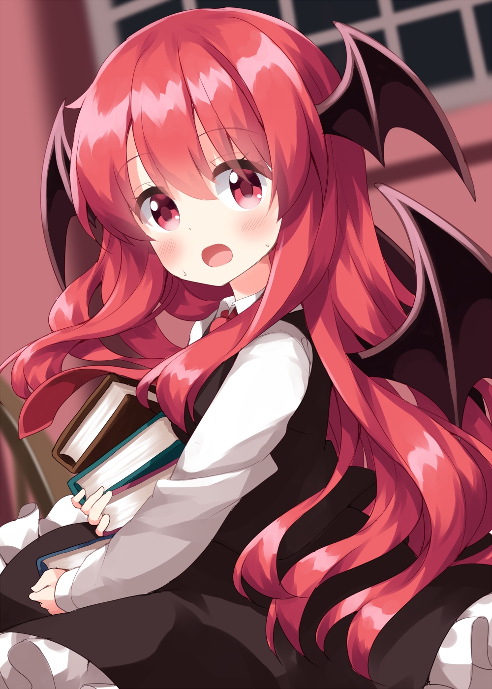 1girl bat_wings blurry blurry_background blush book book_stack breasts cowboy_shot depth_of_field dutch_angle head_wings highres holding holding_book indoors koakuma long_hair long_sleeves looking_at_viewer medium_breasts open_book open_mouth petticoat redhead ruu_(tksymkw) shirt solo touhou window wings