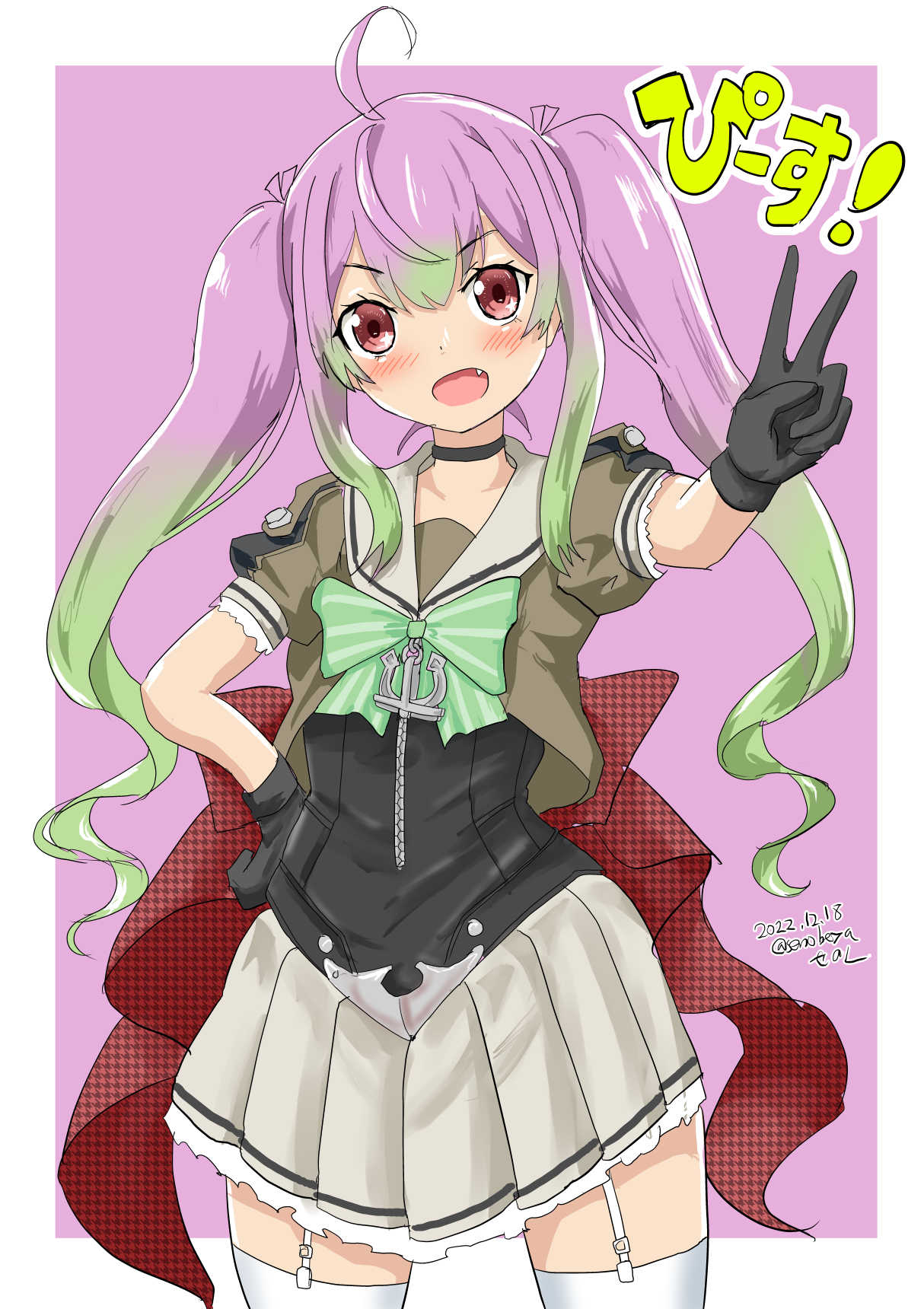 ahoge anchor back_bow black_gloves border bow bowtie bracelet corset cowboy_shot fang garter_straps gloves gradient_hair green_bow green_bowtie green_hair grey_sailor_collar grey_skirt highres jewelry kantai_collection long_hair looking_at_viewer momo_(kancolle) multicolored_hair open_mouth pink_background pink_hair pleated_skirt red_bow red_eyes sailor_collar sailor_shirt school_uniform senon serafuku shirt skirt sparkle_print striped thigh-highs twintails v white_border white_thighhighs zipper_pull_tab