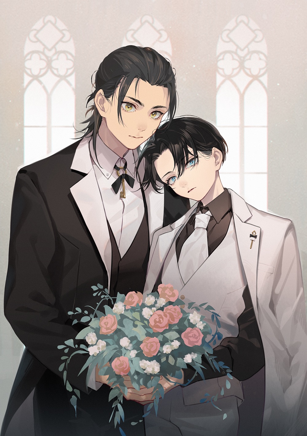 2boys bangs black_hair black_necktie black_pants black_shirt black_vest blue_eyes bouquet buttons chinese_commentary church closed_mouth coat coat_on_shoulders collared_shirt eren_yeager eyokiki flower formal hair_behind_ear hair_between_eyes hair_slicked_back height_difference highres holding holding_bouquet implied_yaoi indoors levi_(shingeki_no_kyojin) long_hair long_sleeves male_focus multiple_boys necktie official_alternate_hairstyle open_clothes open_coat pants parted_bangs shingeki_no_kyojin shirt short_hair suit vest white_coat white_necktie white_pants white_shirt white_vest yellow_eyes