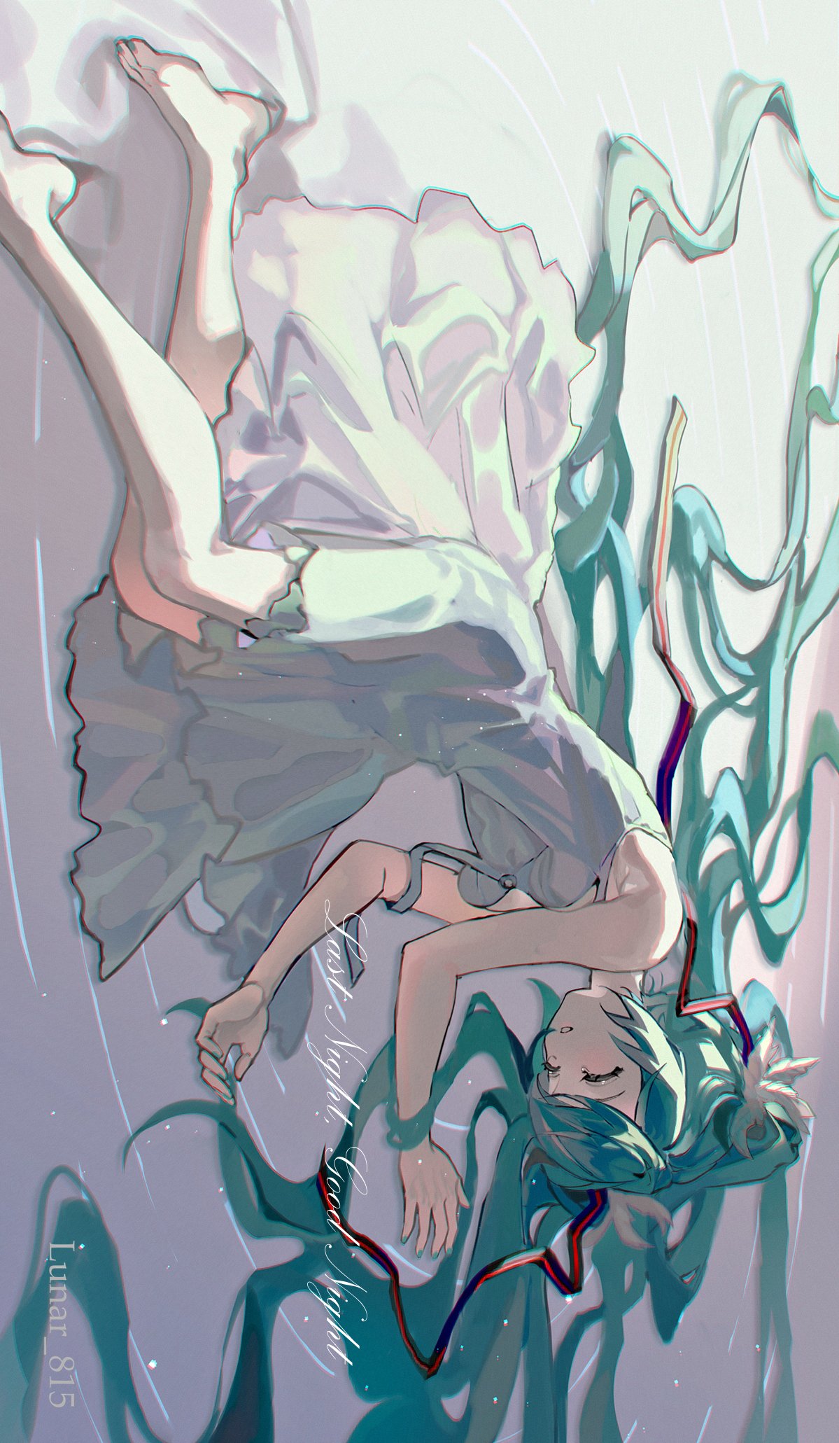 1girl absurdly_long_hair aqua_hair aqua_nails armpits backlighting bare_arms bare_legs bare_shoulders barefoot breasts chromatic_aberration closed_eyes dress expressionless feather_hair_ornament feathers fingernails full_body hair_ornament hatsune_miku highres knees_together_feet_apart last_night_good_night_(vocaloid) light_particles long_dress long_hair lunar_(lunar_815) lying messy_hair meteor_shower on_floor on_side parted_lips shade simple_background sleeveless sleeveless_dress small_breasts solo song_name spaghetti_strap strap_slip tearing_up tears toenails twintails twitter_username very_long_hair vocaloid white_background white_dress white_feathers