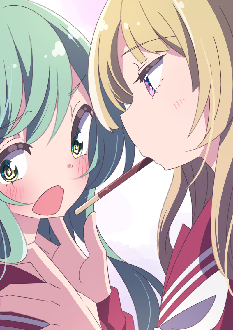 2girls @_@ assault_lily bangs blonde_hair blush closed_mouth commentary_request face-to-face food food_in_mouth from_side gradient gradient_background green_eyes green_hair hands_on_another's_shoulders hands_up honkawa_works kanba_girls_high_school_uniform long_hair long_sleeves looking_at_another looking_away looking_to_the_side miyagawa_takane mouth_hold multiple_girls neckerchief open_mouth pocky pocky_in_mouth pocky_kiss portrait profile purple_background red_sailor_collar red_shirt sailor_collar school_uniform serafuku shirt sidelocks toki_kureha violet_eyes wavy_mouth white_background white_neckerchief yuri