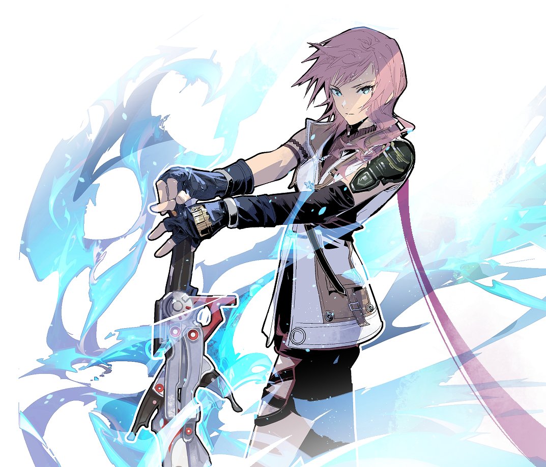 1girl aqua_eyes armband armor asymmetrical_arms bangs black_gloves breasts cape cofffee cowboy_shot final_fantasy final_fantasy_xiii fingerless_gloves gloves gunblade hair_over_shoulder lightning_farron long_hair looking_at_viewer medium_breasts pink_hair red_cape shoulder_armor sleeveless sleeveless_jacket solo swept_bangs wavy_hair weapon white_background white_jabot