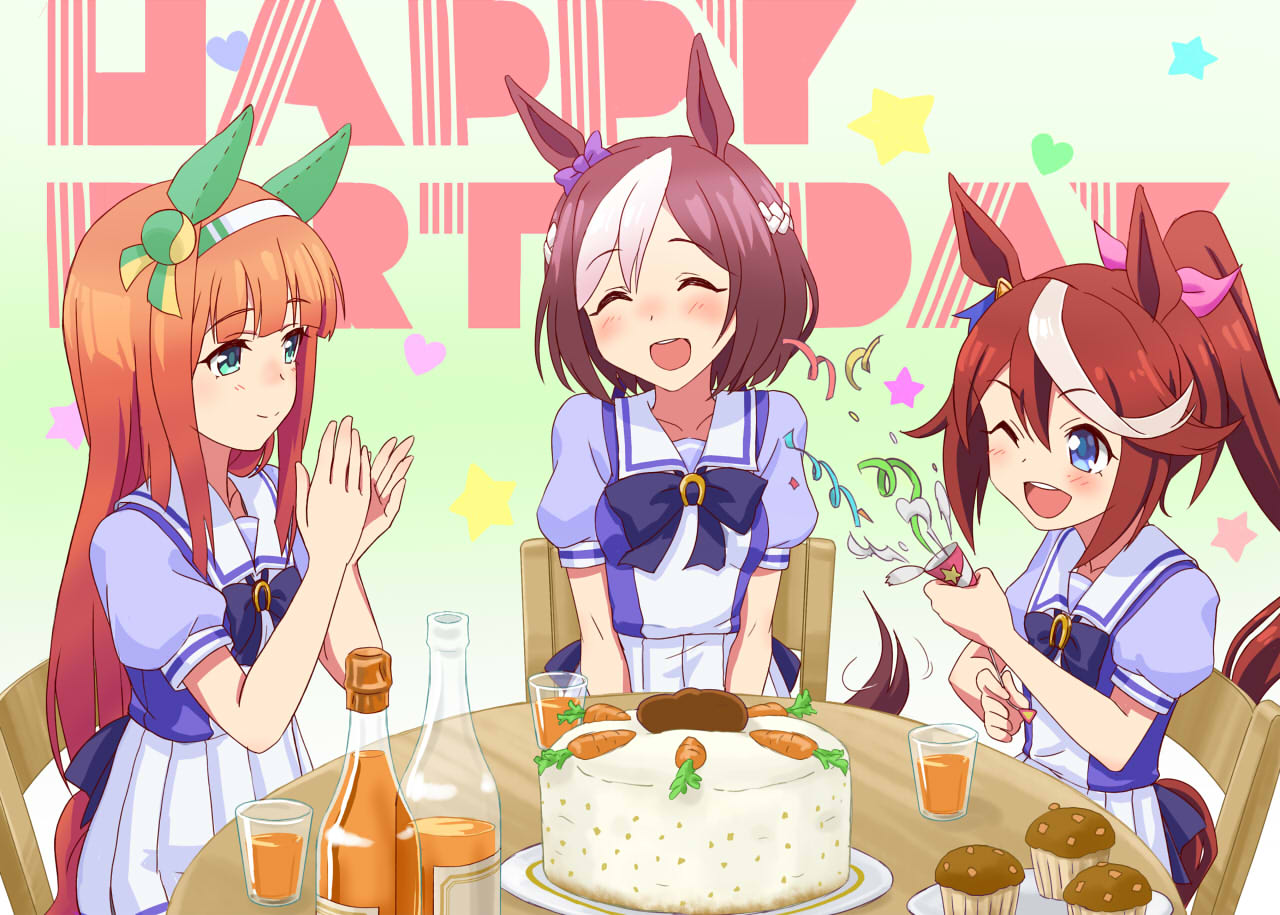 3girls ;d ^_^ animal_ears birthday blue_eyes bottle bow bowtie braid brown_hair cake carrot closed_eyes cup ear_covers ear_piercing english_commentary facing_another food hairband high_ponytail hime_cut holding_party_popper horse_ears horse_girl horseshoe_ornament long_hair looking_at_another muffin multicolored_hair multiple_girls one_eye_closed orange_hair party_popper piercing pleated_skirt puffy_short_sleeves puffy_sleeves purple_bow purple_bowtie purple_serafuku purple_shirt sailor_collar sailor_shirt school_uniform serafuku shirt short_hair short_sleeves silence_suzuka_(umamusume) sitting skirt smile special_week_(umamusume) streaked_hair tokai_teio_(umamusume) tracen_school_uniform two-tone_hair ugai_yuichi umamusume upper_body white_hair white_hairband white_skirt