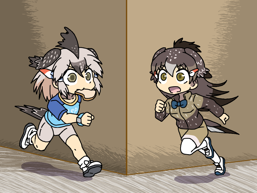 2girls alternate_design bangs bike_shorts bird_girl bird_tail bird_wings bow bowtie bread brown_hair chibi clothes_writing commentary_request dual_persona food food_in_mouth full_body greater_roadrunner_(kemono_friends) green_eyes grey_hair grey_shorts hair_ornament hair_tubes hairclip head_wings kemono_friends late_for_school long_hair long_sleeves looking_afar medium_hair mouth_hold multicolored_hair multiple_girls open_mouth pantyhose running shirt shoes short_sleeves shorts srd_(srdsrd01) t-shirt tail toast toast_in_mouth white_pantyhose wings