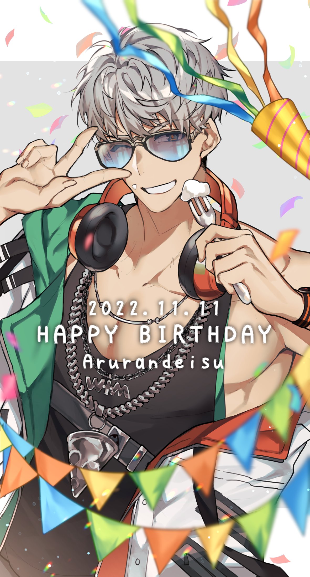 1boy aged_down arurandeisu bangs black_tank_top chain_necklace character_name confetti cream cream_on_face dated food food_on_face fork grey_background grey_eyes grey_hair grin happy_birthday headphones headphones_around_neck highres hikariemochi holding holding_fork holostars jacket jewelry looking_at_viewer male_focus necklace off_shoulder one_eye_closed party_popper pendant short_hair smile solo string_of_flags sunglasses tank_top toned toned_male upper_body v_over_eye virtual_youtuber watch watch white_jacket