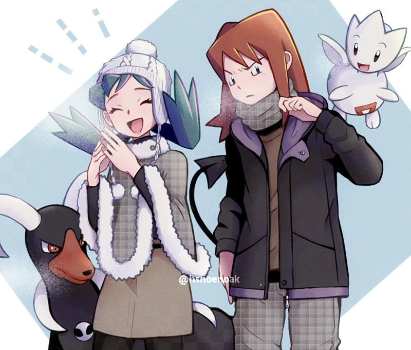 1boy 1girl alternate_costume aqua_hair bangs beanie black_jacket blue_background brown_coat brown_sweater closed_eyes closed_mouth coat cold fog frown hat houndoom hsngamess jacket kris_(pokemon) matching_outfit neck_warmer open_mouth pokemon pokemon_(creature) pokemon_(game) pokemon_gsc red_eyes redhead signature silver_(pokemon) standing sweater togetic trench_coat winter_clothes