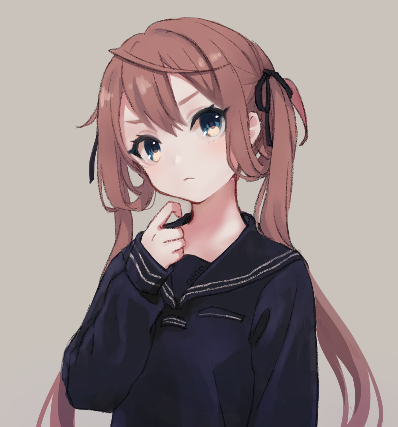 1girl alternate_costume asagumo_(kancolle) bangs black_ribbon black_sailor_collar black_serafuku black_shirt blue_eyes brown_hair closed_mouth grey_background hair_between_eyes hair_ribbon hand_up head_tilt kantai_collection long_hair long_sleeves looking_at_viewer nuno_(pppompon) redrawn ribbon sailor_collar school_uniform serafuku shirt simple_background sleeves_past_wrists solo thick_eyebrows twintails upper_body