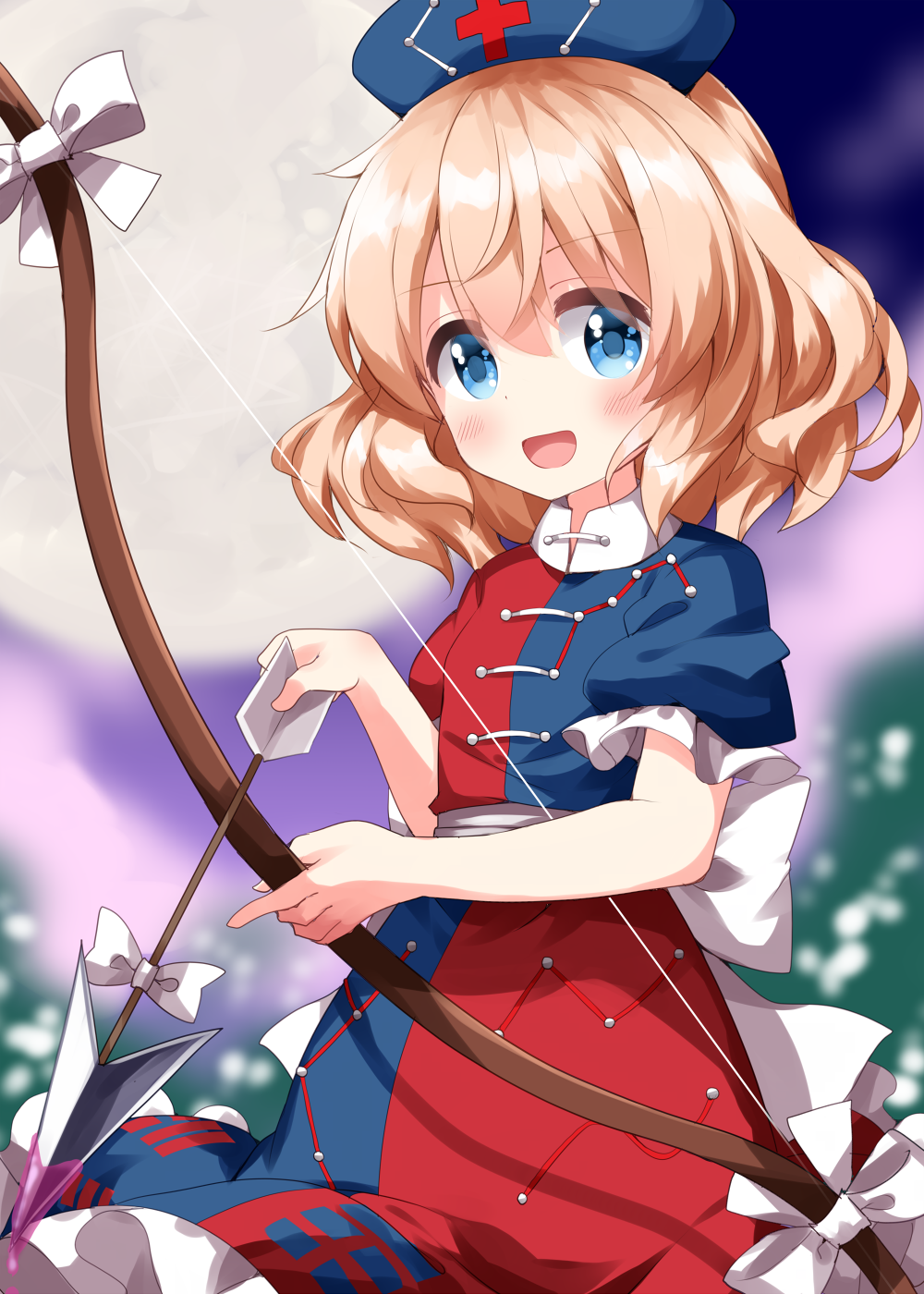 1girl arrow_(projectile) blonde_hair blue_eyes blue_headwear blush bow_(weapon) constellation_print cosplay cross frilled_sleeves frills hair_between_eyes hat highres holding holding_arrow holding_bow_(weapon) holding_weapon medicine_melancholy nurse_cap open_mouth red_cross ruu_(tksymkw) short_hair short_sleeves smile solo touhou two-tone_dress weapon yagokoro_eirin yagokoro_eirin_(cosplay)