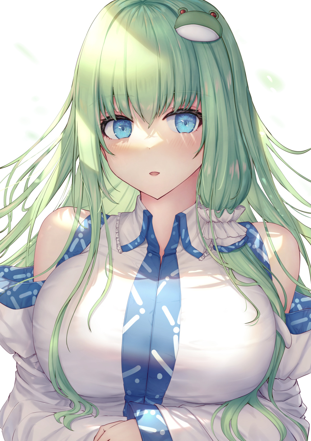 1girl bare_shoulders blue_eyes blush breasts commentary detached_sleeves frog_hair_ornament green_hair hair_between_eyes hair_ornament hair_tubes highres japanese_clothes kochiya_sanae large_breasts liya long_hair looking_at_viewer nontraditional_miko open_mouth sidelocks snake_hair_ornament solo touhou upper_body white_sleeves wide_sleeves