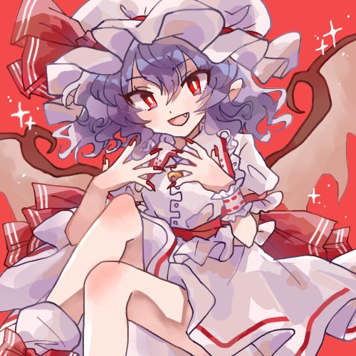 1girl :d bat_wings bright_pupils center_frills fang fingernails frills furiba_794 hat hat_ribbon long_fingernails looking_at_viewer lowres mob_cap open_mouth petticoat purple_hair red_background red_eyes red_nails red_ribbon remilia_scarlet ribbon shirt short_hair simple_background skirt smile solo touhou white_headwear white_pupils white_shirt white_skirt wings wrist_cuffs