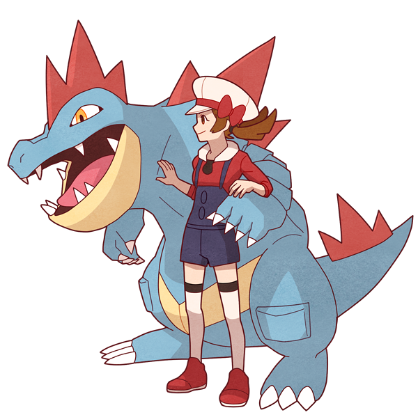 1girl blue_overalls bow brown_eyes brown_hair cabbie_hat closed_mouth feraligatr from_side hat hat_bow jaho long_hair lyra_(pokemon) overalls pokemon pokemon_(creature) pokemon_(game) pokemon_hgss red_bow red_footwear red_shirt shirt shoes smile standing thigh-highs twintails white_headwear white_thighhighs
