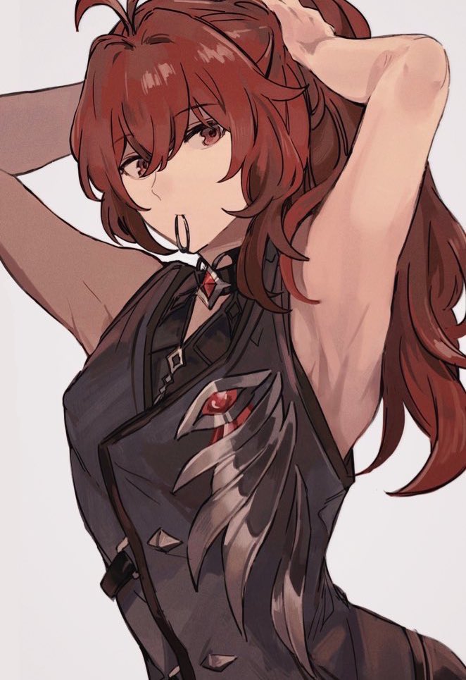 1boy adjusting_hair antenna_hair arched_back armpits arms_up diluc_(genshin_impact) eatsthgood genshin_impact long_hair looking_at_viewer mouth_hold red_eyes redhead simple_background solo white_background