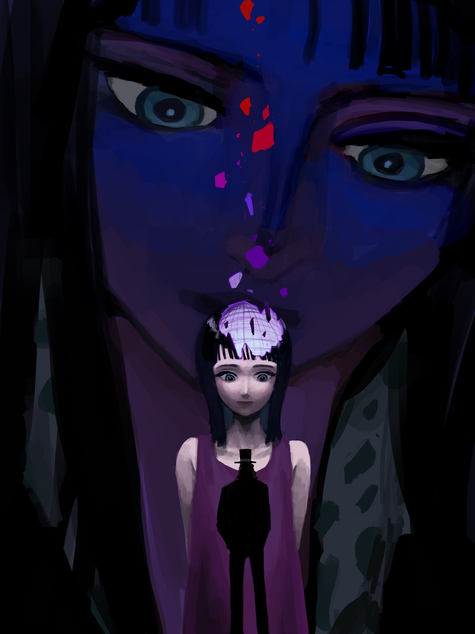 arms_behind_back bangs black_hair blue_eyes blunt_bangs child dark dress dual_persona expressionless female_child floating hat highres hisarakanoi hollow_body looking_down nico_robin one_piece peeling rob_lucci silhouette sleeveless standing symbolism top_hat