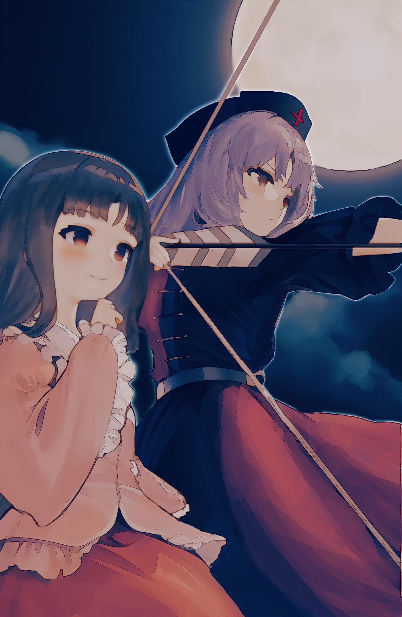 2girls ai-assisted arrow_(projectile) bangs black_hair blue_dress blunt_bangs bow_(weapon) braid brown_eyes collared_dress collared_shirt cowboy_shot cross dress full_moon grey_hair hat highres hime_cut houraisan_kaguya irumina777 long_hair long_sleeves moon multicolored_clothes multicolored_dress multiple_girls night nurse_cap outdoors pink_shirt puffy_short_sleeves puffy_sleeves red_cross red_dress red_skirt sash shirt short_sleeves single_braid skirt sleeves_past_wrists touhou very_long_hair weapon white_sash wide_sleeves yagokoro_eirin yellow_eyes