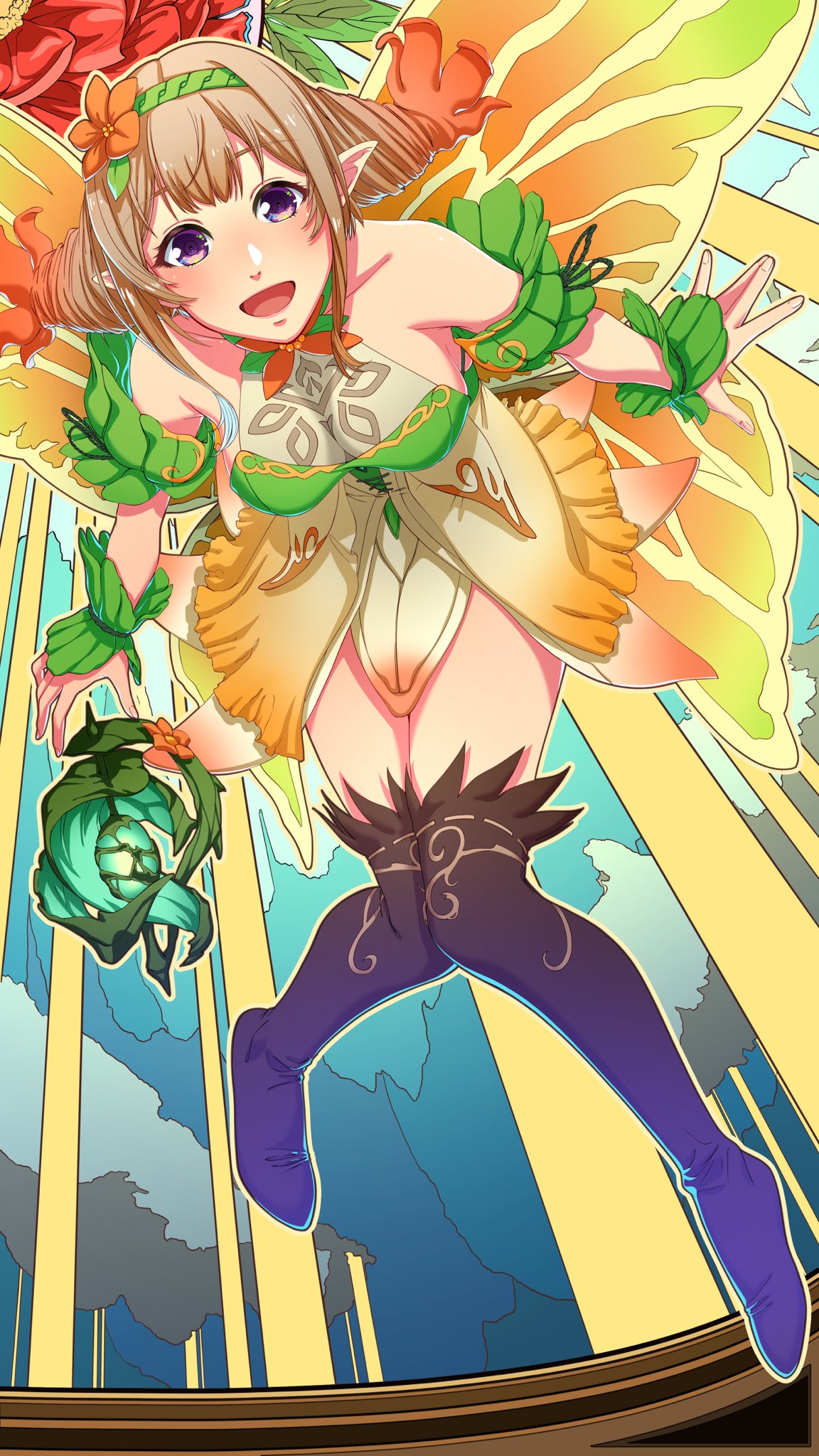 1girl :d aduti_momoyama bangs bare_shoulders black_socks breasts butterfly_wings collarbone detached_sleeves dress eyelashes fingernails fire_emblem fire_emblem_heroes flower green_hairband green_sleeves hairband highres kneehighs knees_together_feet_apart leaf light_brown_hair long_hair looking_at_viewer medium_breasts open_mouth orange_flower peony_(fire_emblem) pointy_ears puffy_short_sleeves puffy_sleeves ribbon-trimmed_legwear ribbon_trim short_dress short_sleeves smile socks solo violet_eyes wings