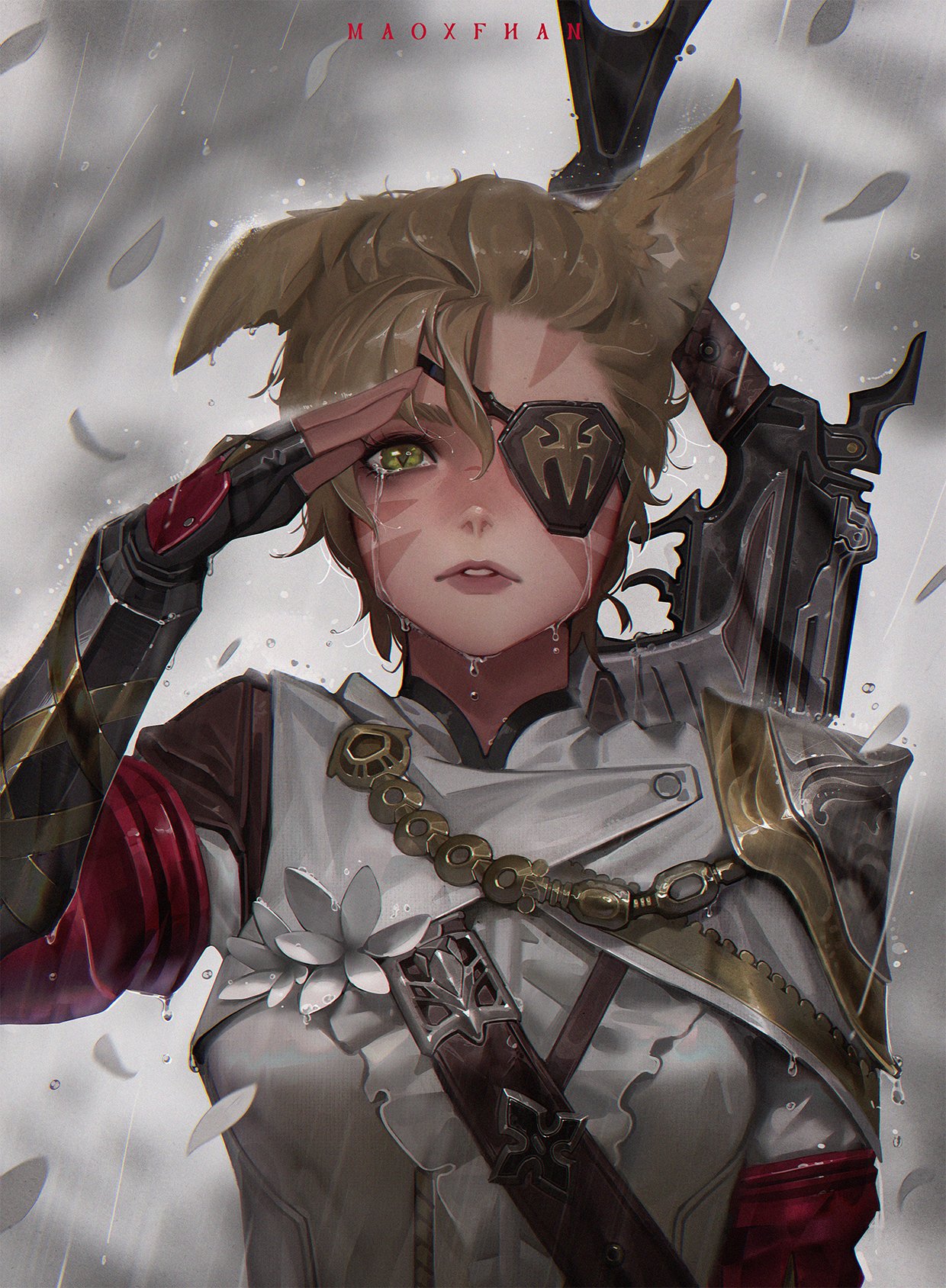 1girl animal_ears armor avatar_(ff14) bangs brown_hair cat_ears crying crying_with_eyes_open eyepatch facial_mark final_fantasy final_fantasy_xiv fingerless_gloves gloves green_eyes gun highres machinist_(final_fantasy) maoxfhan parted_lips rain scar scar_on_face scar_on_nose short_hair shoulder_armor slit_pupils solo tears upper_body weapon whisker_markings