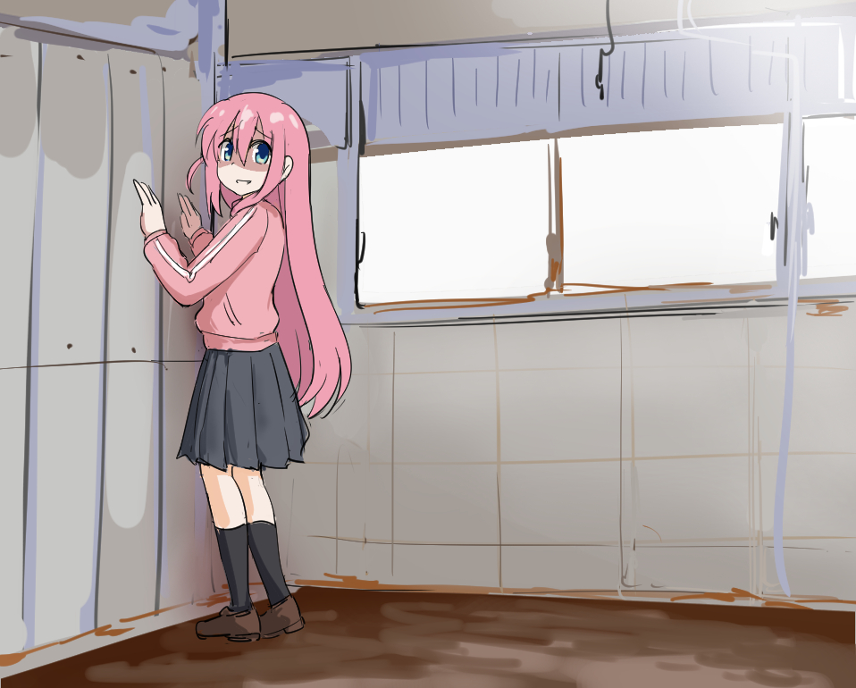 1girl against_wall black_socks blue_eyes bocchi_the_rock! commentary corner furrowed_brow gotou_hitori indoors jacket loafers long_hair looking_at_viewer parody pink_hair pink_jacket pleated_skirt scp-173 scp_foundation shaded_face shoes skirt socks solo standing tenten_(chan4545) track_jacket window