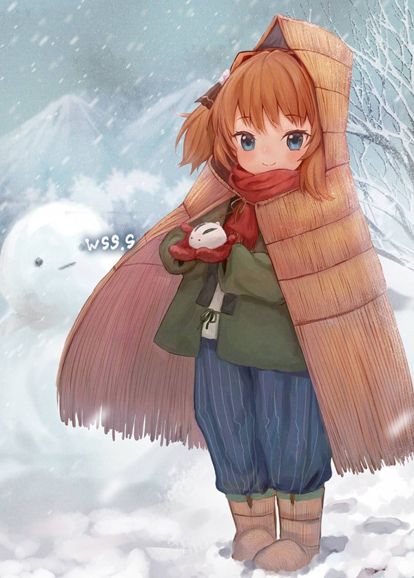 1girl artist_name blue_eyes blue_pants blush brown_hair closed_mouth commission full_body hachijou_(kancolle) kantai_collection mittens pants red_mittens red_scarf scarf short_hair signature skeb_commission smile snow snow_bunny snowman solo standing wss_(nicoseiga19993411)