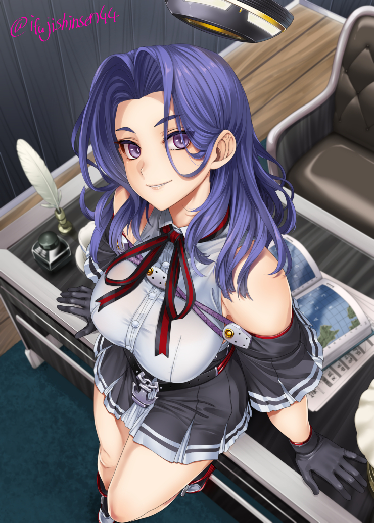 1girl atlas_(book) black_capelet black_gloves black_skirt breasts capelet chair commentary_request desk dress_shirt gloves hair_between_eyes halo ifuji_shinsen ink_bottle kantai_collection large_breasts looking_at_viewer map mechanical_halo pleated_skirt purple_hair quill shirt short_hair sitting skirt sleeveless sleeveless_shirt smile solo tatsuta_(kancolle) tatsuta_kai_ni_(kancolle) violet_eyes white_shirt