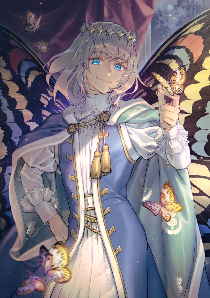 1boy bangs blue_cloak blue_coat blue_eyes blurry bug butterfly butterfly_on_hand butterfly_wings cloak coat cowboy_shot crown curtains depth_of_field fate/grand_order fate_(series) hand_on_hip juliet_sleeves long_sleeves looking_at_viewer male_focus medium_hair multicolored_wings na222222 oberon_(fate) patterned_clothing puffy_sleeves robe sleeveless_coat smile solo tassel white_robe wings