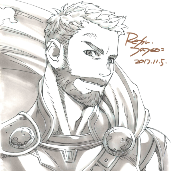 1boy beard cape dated facial_hair greyscale looking_at_viewer male_focus marvel marvel_cinematic_universe mature_male monochrome mustache portrait short_hair smile solo tateo_retsu thick_eyebrows thor_(marvel)