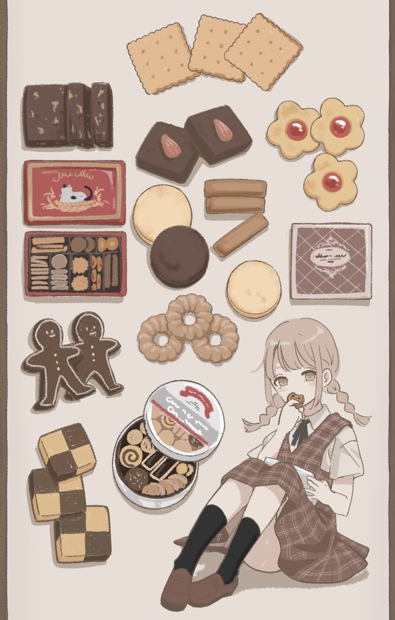 1girl bangs black_ribbon black_socks box braid brown_eyes brown_overalls can checkerboard_cookie chocolate_chip_cookie collared_shirt cookie covered_mouth cracker dress eating food food_focus food_request gingerbread_man grey_background highres holding holding_food letterboxed light_brown_hair looking_at_viewer low_twintails neck_ribbon open_box open_can original overalls pinafore_dress plaid_overalls ribbon shirt short_sleeves simple_background sitting snack socks solo twin_braids twintails white_shirt yuum1709