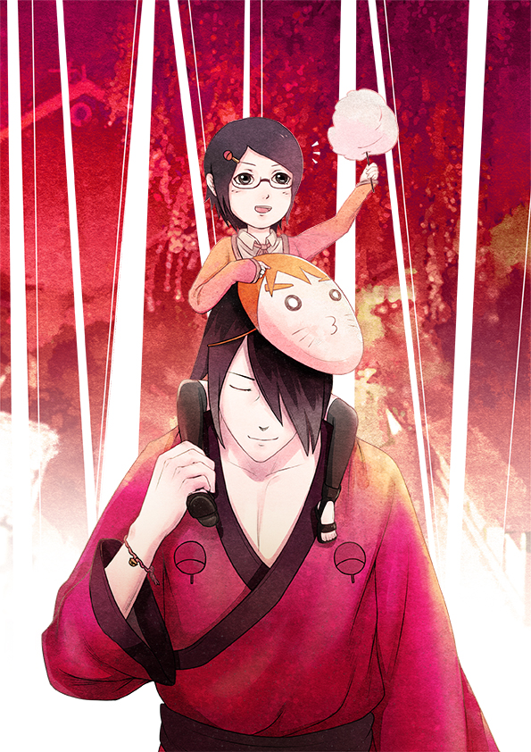 1boy 1girl aged_down bangs black_hair boruto:_naruto_next_generations bracelet collarbone cotton_candy covering_one_eye father_and_daughter food glasses hair_ornament holding holding_another's_leg holding_food japanese_clothes jewelry kimono long_sleeves mask mask_on_head naruto_(series) red_background saltfish_white short_hair smile uchiha_sarada uchiha_sasuke uchiha_symbol wide_sleeves