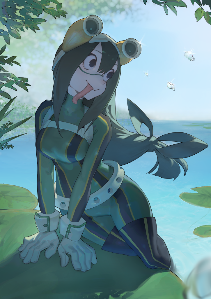 1girl asui_tsuyu black_eyes bodysuit boku_no_hero_academia bow-shaped_hair chest_harness frog_girl gloves goggles goggles_on_head grass green_bodysuit green_hair hair_between_eyes harness lake long_hair long_sleeves long_tongue looking_away lotus_leaf low-tied_long_hair mi8pq thigh-highs tongue tongue_out very_long_hair water white_gloves
