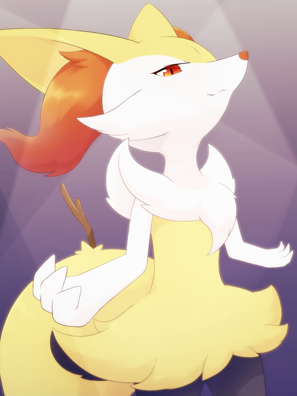 1girl :3 animal_ear_fluff animal_ears animal_nose black_fur body_fur braixen closed_mouth commentary_request cowboy_shot flat_chest fox_ears fox_girl fox_tail fur_collar furry furry_female half-closed_eyes hands_up happy highres kemonobito looking_at_viewer multicolored_fur pokemon pokemon_(creature) purple_background red_eyes smile snout solo standing stick tail white_fur yellow_fur
