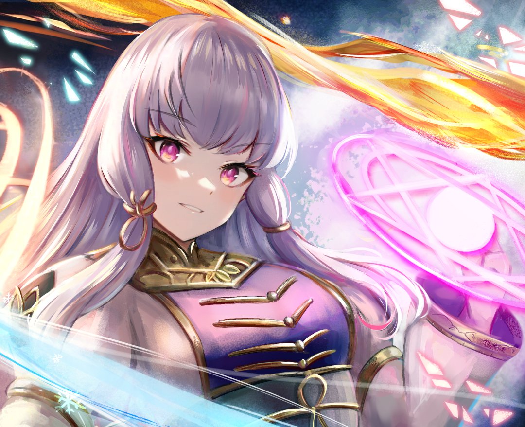 1girl bangs commentary dress english_commentary fire fire_emblem fire_emblem:_three_houses fire_emblem_warriors:_three_hopes gold_trim grin leonmandala long_hair looking_at_viewer lysithea_von_ordelia magic magic_circle pink_eyes purple_dress smile snowflakes solo two-tone_dress white_dress white_hair