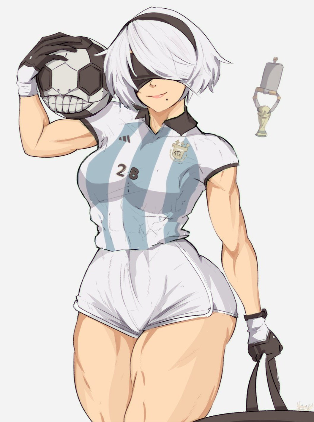 1girl 2022_fifa_world_cup argentina argentinian_flag_print bag ball blindfold blue_shirt closed_mouth commentary cowboy_shot gloves grey_hair highres holding holding_bag holding_ball mole mole_under_mouth muscular muscular_female nier_(series) nier_automata parted_lips shirt short_hair smile soccer soccer_ball solo striped striped_shirt trophy vertical_stripes white_shirt world_cup yoracrab yorha_no._2_type_b