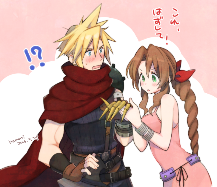 !? 1boy 1girl armor artist_name bangle bangs bare_shoulders blonde_hair blue_shirt blush bracelet braid braided_ponytail breasts brown_gloves brown_hair clawed_gauntlets cloak cowboy_shot dated dress final_fantasy final_fantasy_vii fingerless_gloves gloves green_eyes hair_between_eyes hair_ribbon holding_hands jewelry kingdom_hearts krudears long_hair looking_at_another medium_breasts official_alternate_costume open_mouth parted_bangs parted_lips pink_background pink_dress purple_belt red_cloak red_ribbon ribbon shirt short_hair shoulder_armor sidelocks sleeveless sleeveless_dress sleeveless_turtleneck sweatdrop toned toned_male turtleneck