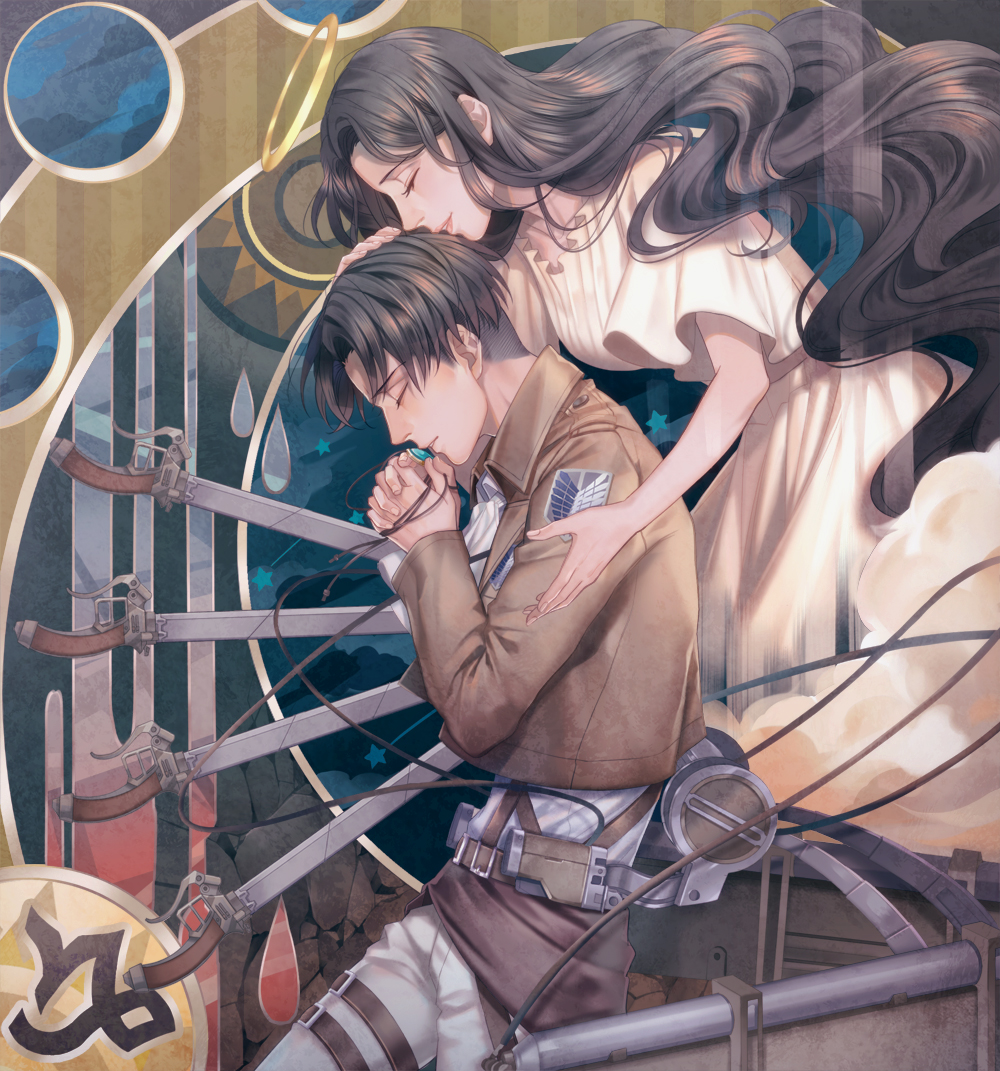 1boy 1girl ascot bangs belt black_hair brown_jacket cropped_jacket dress from_side ghost halo holding jacket jewelry kuchel_ackerman levi_(shingeki_no_kyojin) long_hair long_sleeves midair mother_and_son open_clothes open_jacket open_mouth own_hands_together pants parted_bangs pendant shingeki_no_kyojin short_hair smile sword thigh_strap three-dimensional_maneuver_gear user_pgry5837 very_long_hair weapon white_ascot white_dress white_pants