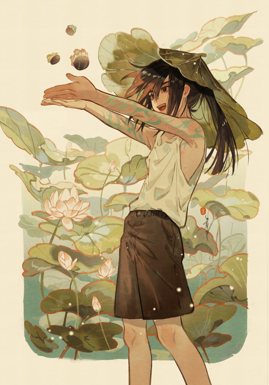 1boy armpits black_hair black_shorts flower hair_between_eyes happy highres leaf leaf_on_head long_hair lotus lotus_leaf male_child open_mouth original p-suke ponytail shorts smile tank_top water water_drop white_flower