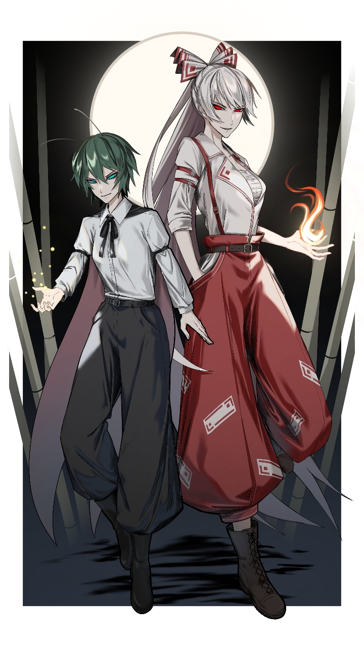 2girls antennae baggy_pants bamboo bamboo_forest bangs belt belt_buckle black_cape boots border bow breasts buckle buttons cape chest_sarashi closed_mouth collared_shirt cross-laced_footwear fire fireflies forest fujiwara_no_mokou full_body full_moon green_eyes green_hair grey_hair hair_between_eyes hair_bow hand_in_pocket height_difference highres lace-up_boots leg_up light_smile long_hair long_sleeves looking_at_viewer medium_breasts moon multiple_girls namekuzi_n nature night no_pupils ofuda ofuda_on_clothes open_mouth pants pocket pyrokinesis red_eyes red_footwear red_pants rubber_boots sarashi shirt short_hair sidelocks sleeve_garter sleeves_rolled_up small_breasts smile standing standing_on_one_leg suspenders teeth touhou two-sided_cape two-sided_fabric very_long_hair white_border white_bow white_hair white_shirt wriggle_nightbug