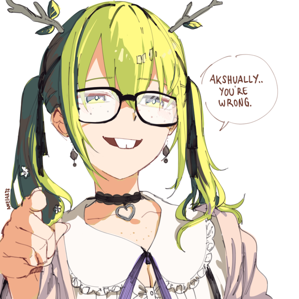 1girl ameiarts antlers bangs black_choker buck_teeth ceres_fauna choker earrings green_hair hololive hololive_english jewelry looking_at_viewer multicolored_hair nerd_emoji official_alternate_costume open_mouth pointing pointing_at_viewer simple_background smile solo speech_bubble streaked_hair teeth twintails virtual_youtuber white_background